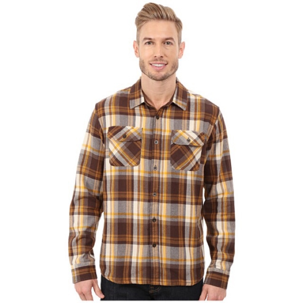 Prana Men's Brown Yellow Plaid Button-Down Shirt